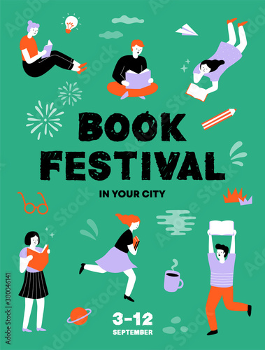 Book festival concept poster. Young men and women reading a books. Literary or writers festival advertisement, event promotion. World Book Day. Cute people. Colorful vector illustration flat design.