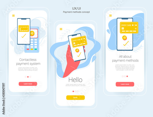 Payment Ux/UI onboarding web page templates. Wireless payment with smartphone. Hand holding phone, POS terminal. Banners for website, mobile app. Minimalist design, app interface template