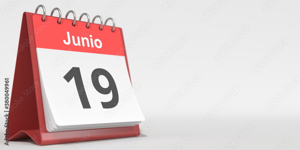 June 19 date written in Spanish on the flip calendar, 3d rendering June 19 date written in Spanish on the flip calendar, 3d rendering