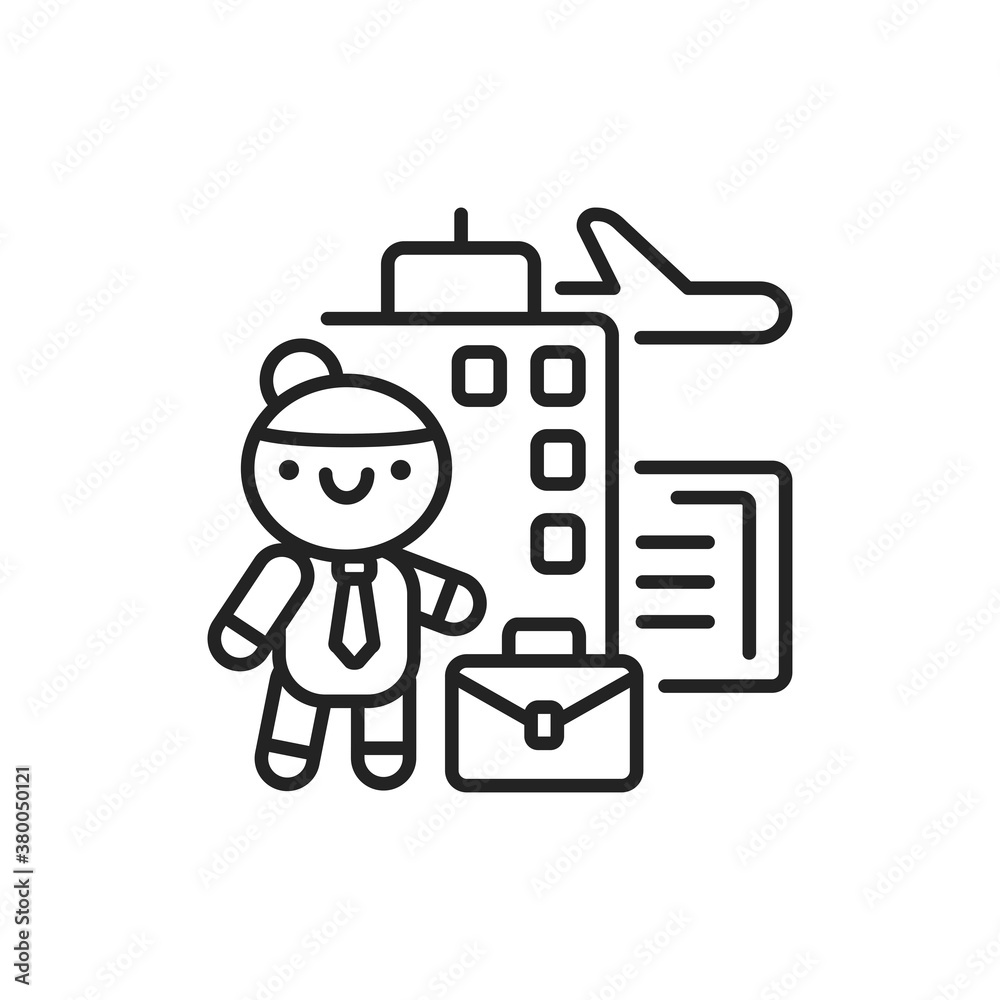 Business tourism line black icon. Cute girl on a work trip kawaii pictogram. Sign for web page, mobile app, button, logo. Vector isolated element. Editable stroke Business tourism line black icon. Cute girl on a work trip kawaii pictogram. Sign for web page, mobile app, button, logo. Vector isolated element. Editable stroke