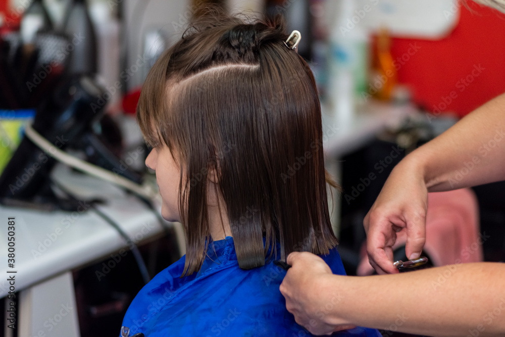 Professional female hairdresser cutting girl's hair in salon Professional female hairdresser cutting girl's hair in salon