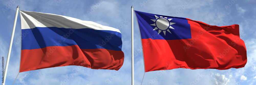 Naklejka premium Flying flags of Russian Federation and Taiwan on high flagpoles. 3d rendering