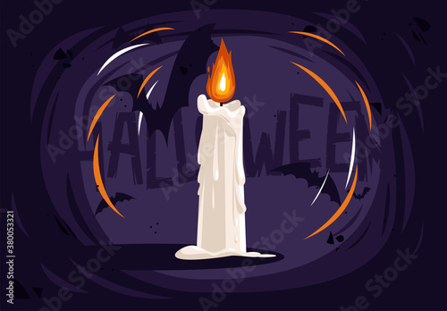 Vector illustration of a burning wax candle on a dark background with silhouettes of bats for the Halloween holiday