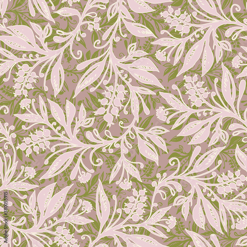 Floral seamless pattern with leaves and berries in chartreuse green pink palette, hand-drawn and digitized. Design for wallpapers, textiles, fabrics.