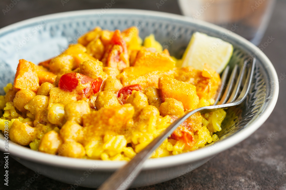 Curried Squash and Chickpeas on Turmeric Rice Curried Squash and Chickpeas on Turmeric Rice
