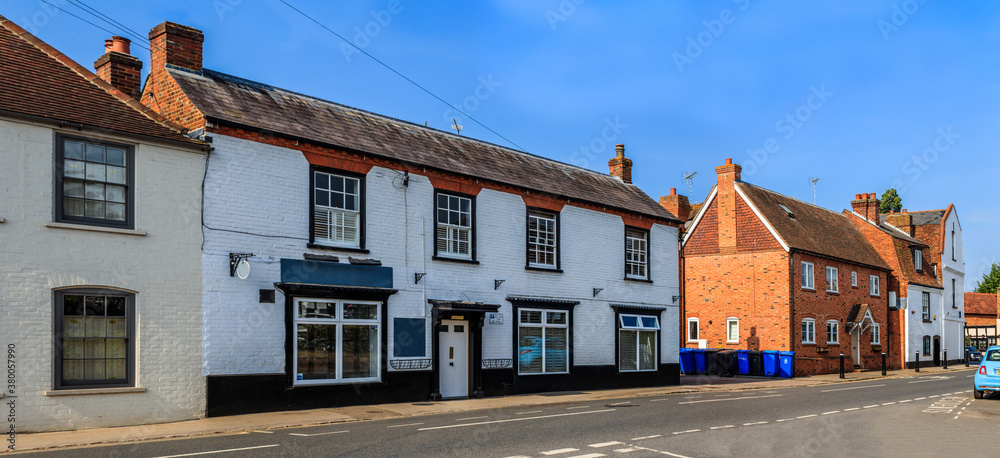 Shops and houses in Marlow, England. Wide panoramic landscape