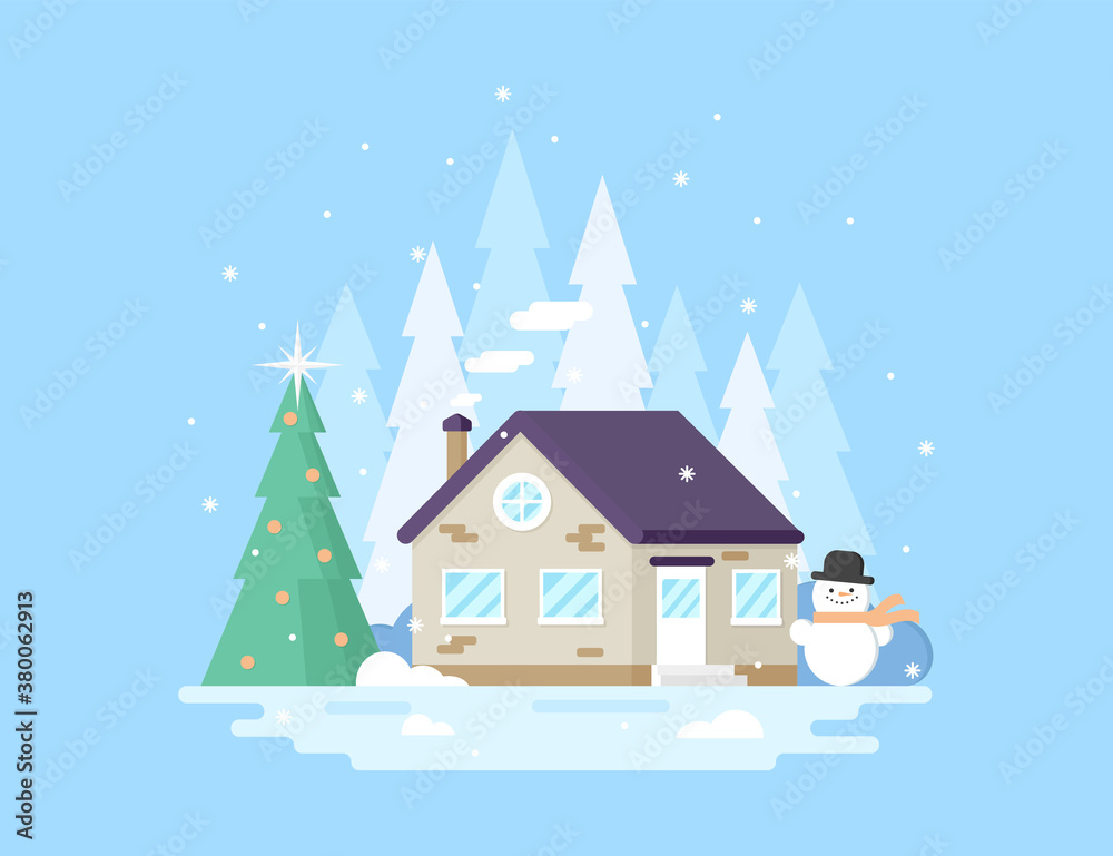 Winter landscepe with a house with Christmas tree and snowman, flat style illustration