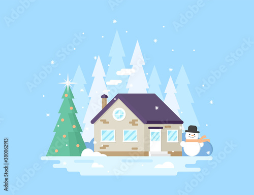 Winter landscepe with a house with Christmas tree and snowman, flat style illustration photo