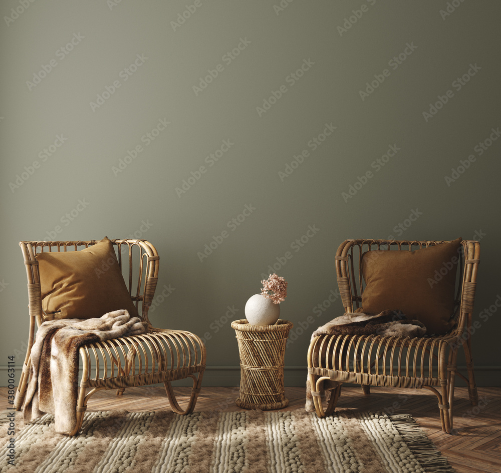 Modern home interior with rattan furniture and dry plant in vase, 3d render - obrazy, fototapety, plakaty 
