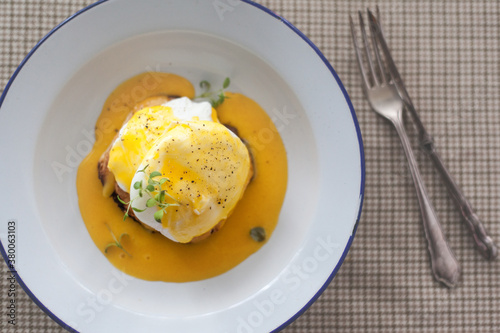 Poached eggs and muffins.