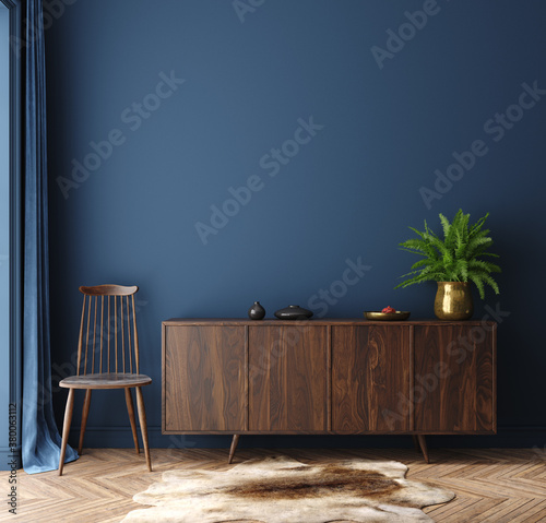 Commode with chair and decor in living room interior, dark blue wall mock up background, 3D render