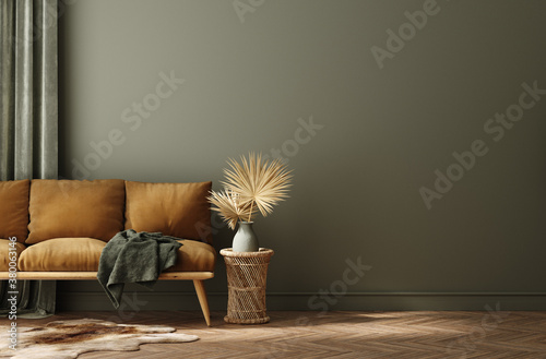Modern home interior with rattan furniture and dry plant in vase, 3d render photo
