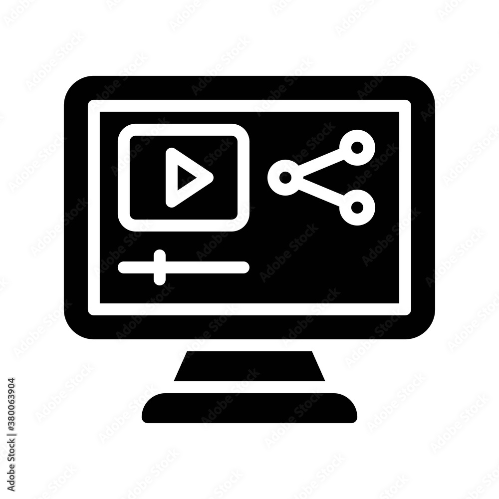 live and streaming related computer screen with play button and share sign vector in solid design,