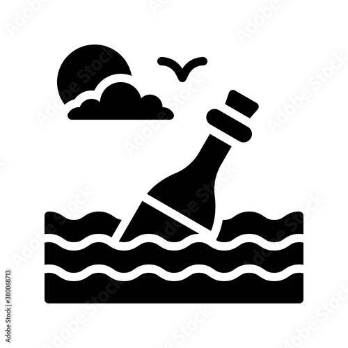 ocean related message in bottle with water waves, birds, and sun vector in solid design,