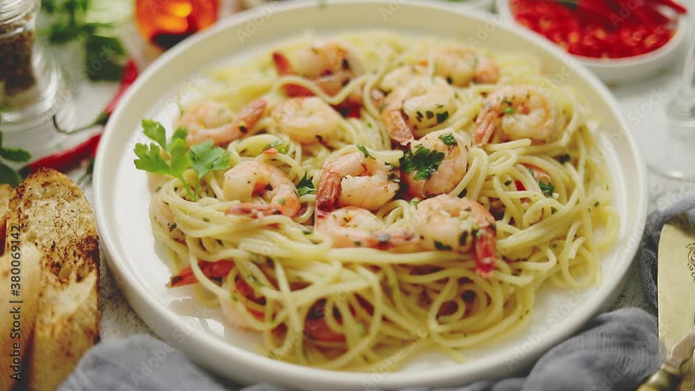 Spaghetti with shrimps on white ceramic plate and served with glass of white wine Spaghetti with shrimps on white ceramic plate and served with glass of white wine