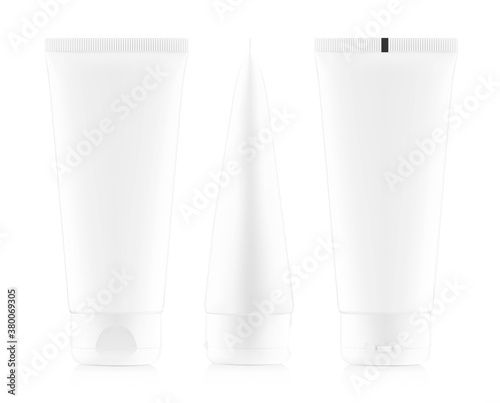 Blank plastic tube mockup for cosmetics with cap. Front and side view. Vector illustration isolated on white background. Can be use for your design, advertising, promo and etc. EPS10.	