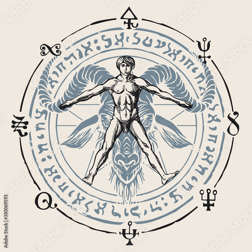 Illustration with a human figure like Vitruvian man by Leonardo Da Vinci on a background of horned goat head and witchcraft signs. Hand-drawn banner with magic signs written in a circle in retro style