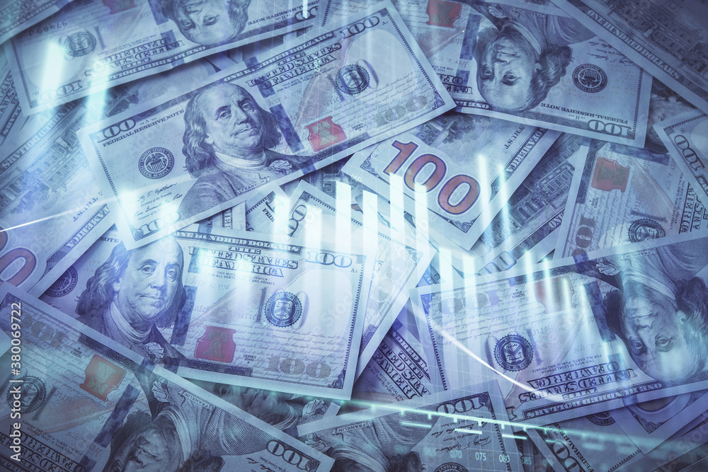 Double exposure of forex graph drawing over us dollars bill background. Concept of financial markets. Double exposure of forex graph drawing over us dollars bill background. Concept of financial markets.
