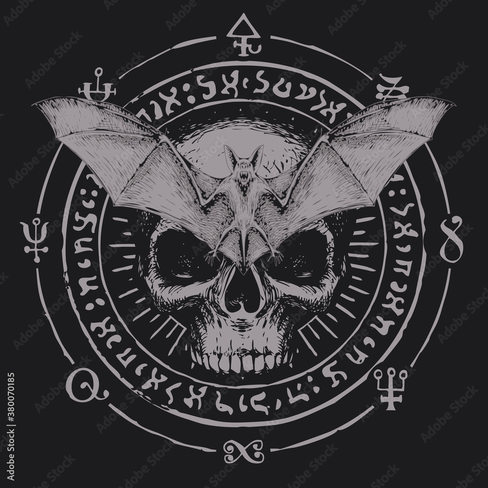 Hand-drawn scary bat with open wings and human skull on a background of magic symbols written in a circle. Witchcraft, occult attributes, alchemical signs. Vector banner with flying vampire