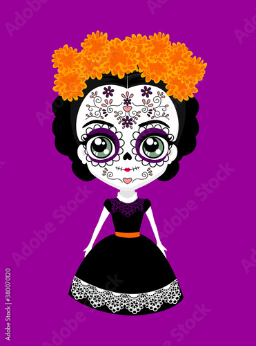 cute mexican catrina doll with traditional sugar skull make up for dia de muertos celebration and cempasuchil flowers (aztec marigold). isolated on purple background