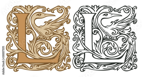 Initial letter L with vintage Baroque decorations. Two vector uppercase letters L in beige and black-white colors. Beautiful filigree capital letter to use for monogram, logo, emblem, card, invitation