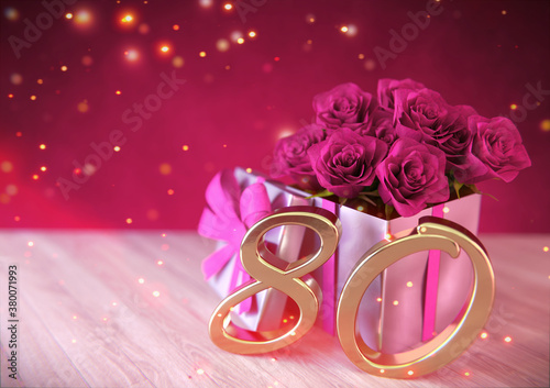 birthday concept with pink roses in the gift on wooden desk. eightieth. 80th. 3D render