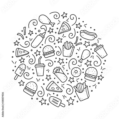 Hand drawn set of fast food elements, burger, pizza, sandwich, hamburger, snack. Comic doodle sketch style. Fast food element drawn by digital brush-pen. Vector illustration for icon, menu, frame