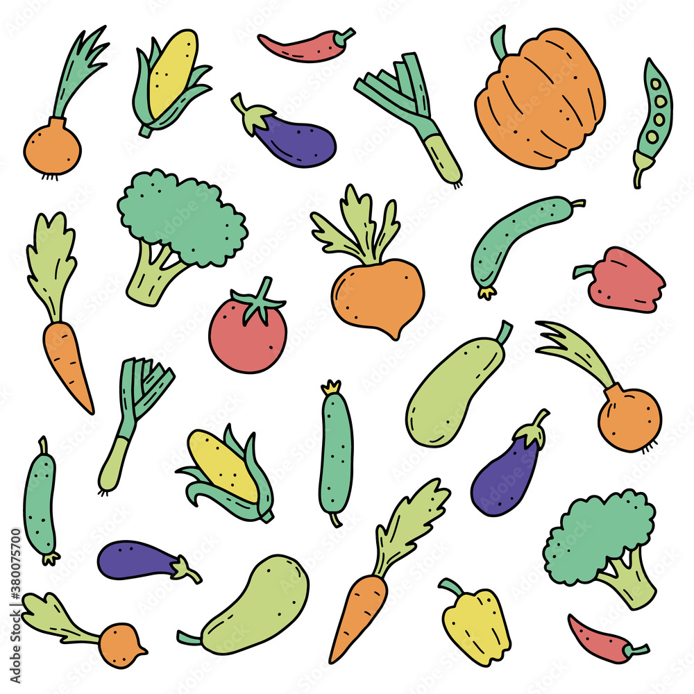 Hand drawn set of vegetable elements, carrot, salad, tomato, onion, lettuce, chili. Comic doodle sketch style. Vegetables element drawn by digital brush-pen. Vector illustration for icon, menu, frame Hand drawn set of vegetable elements, carrot, salad, tomato, onion, lettuce, chili. Comic doodle sketch style. Vegetables element drawn by digital brush-pen. Vector illustration for icon, menu, frame
