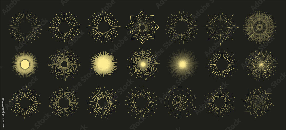 Hand drawn sunburst, vintage radial burst, abstract line sunshine. Collection sunburst set. Sunshine, fireworks or sunset sunbeam blast retro. Glitter boom emblem art icons vector illustration