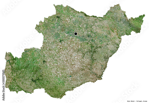 Beja, district of Portugal, on white. Satellite photo