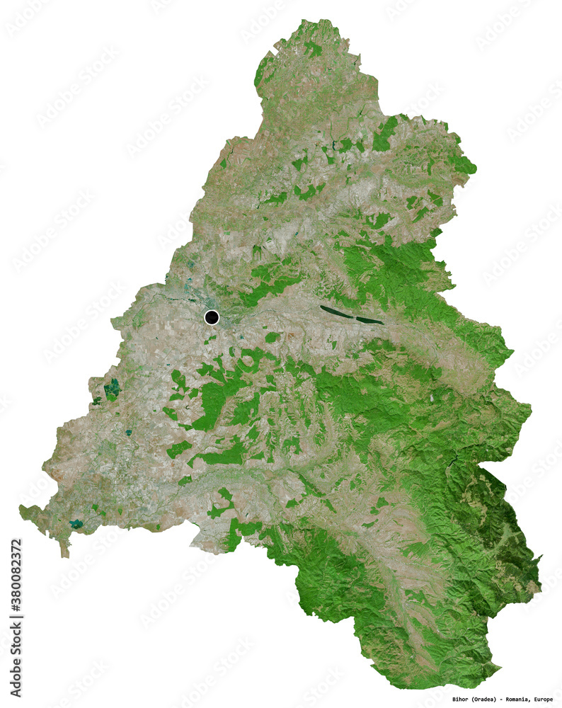 Bihor, county of Romania, on white. Satellite