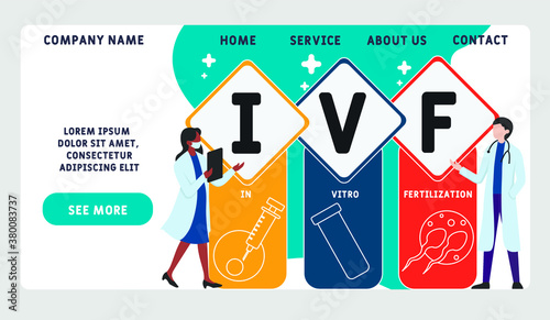 Vector website design template. IVF - In Vitro Fertilization, acronym medical concept. illustration for website banner, marketing materials, business presentation, online advertising.