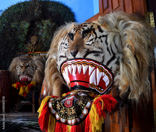 Reog Ponorogo head made of wood and tiger skin, an exotic and mystical mask. the traditional arts of the Ponorogo community, East Java, Indonesia photo