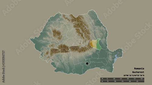 Location of Vrancea, county of Romania,. Relief photo