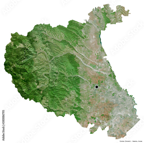 Vrancea, county of Romania, on white. Satellite photo