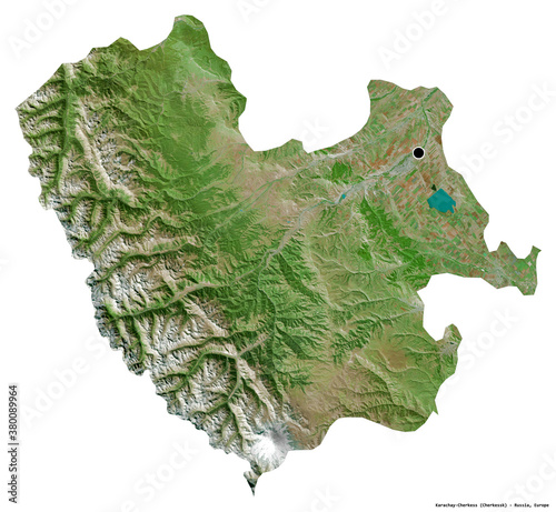 Karachay-Cherkess, republic of Russia, on white. Satellite photo