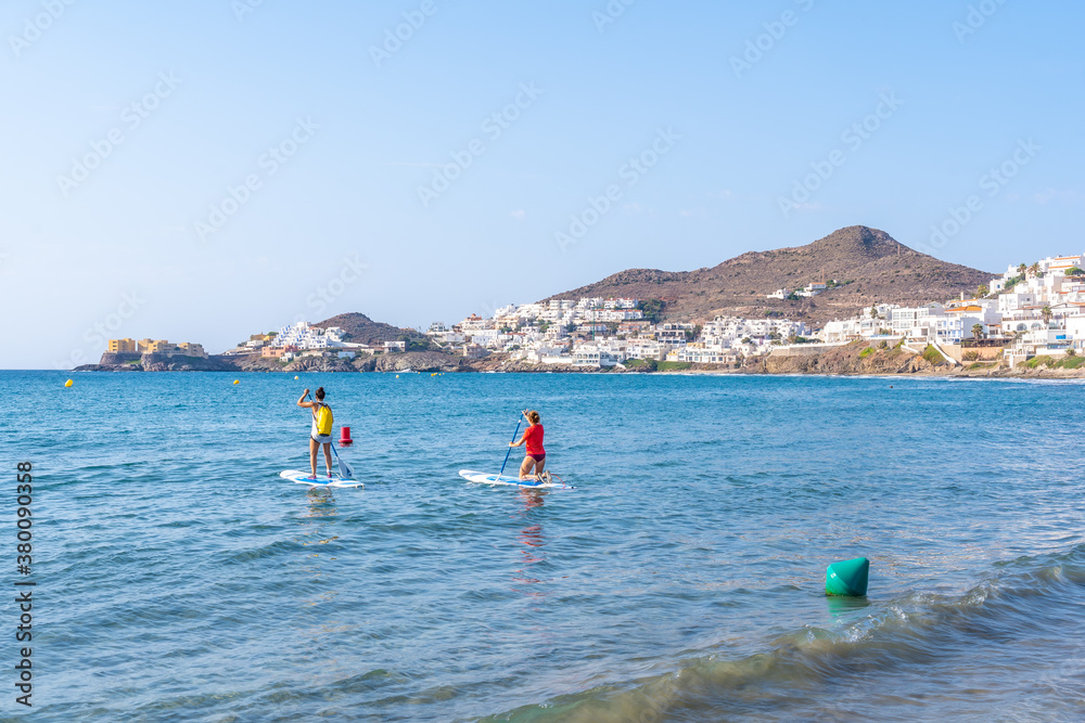 The beautiful beach of the town of San Jose in the natural park of Cabo de Gata, Nijar, Andalucia. Spain, Mediterranean Sea