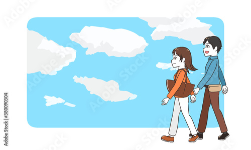 お出かけする男女　青空