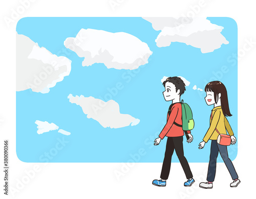 お出かけする子供　青空