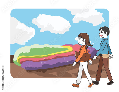 お出かけする男女　花畑
