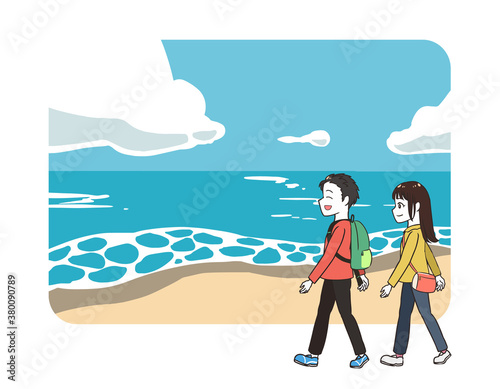 お出かけする子供　海