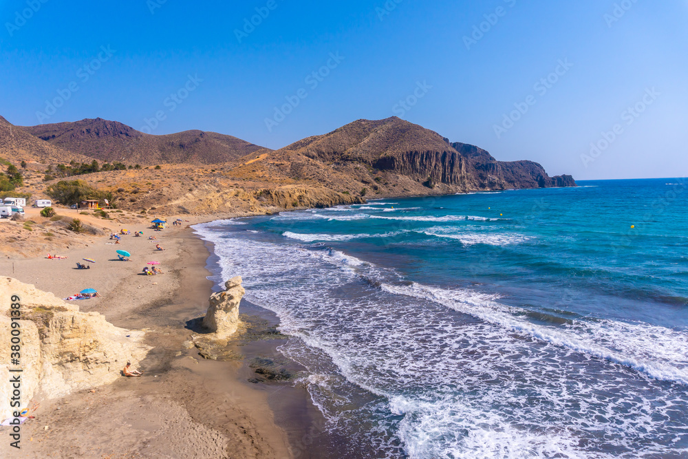 The beautiful beach on the coast of La Isleta del Moro in the Cabo de Gata natural park, Nijar, Andalucia. Spain, Mediterranean Sea
