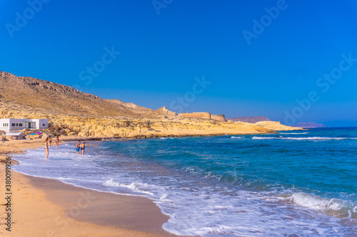 The beautiful beach in summer of Playazo de Rodalquilar in the natural park of Cabo de Gata, Nijar, Andalucia. Spain, Mediterranean Sea