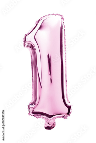 Balloon of mylar number 1  pink color isolated on white