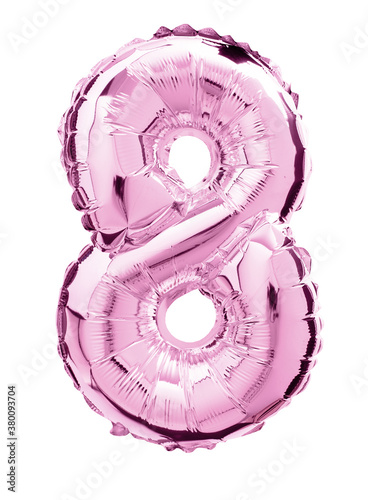 Balloon of mylar number 8  pink color isolated on white