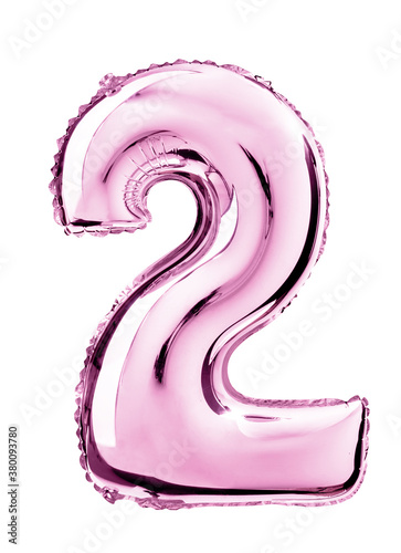 Balloon of mylar number 2 pink color isolated on white