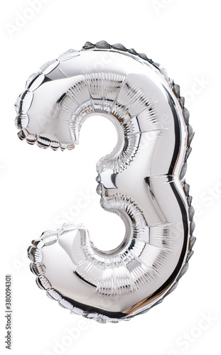 Balloon of mylar number 3  silver color isolated on white