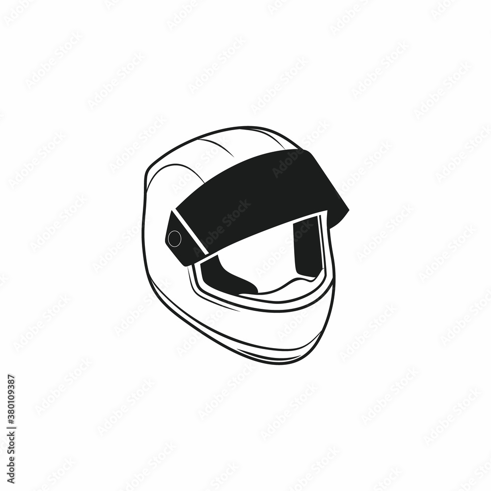 Motorcycle racing helmet side view isolated on a white background. Drawing of a black contour Doodle helmet for a motorcycle. Protection, equipment, and security. Vector Icon 