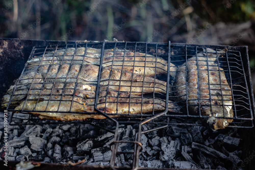 trout is cooked on coals. with smoke and smell