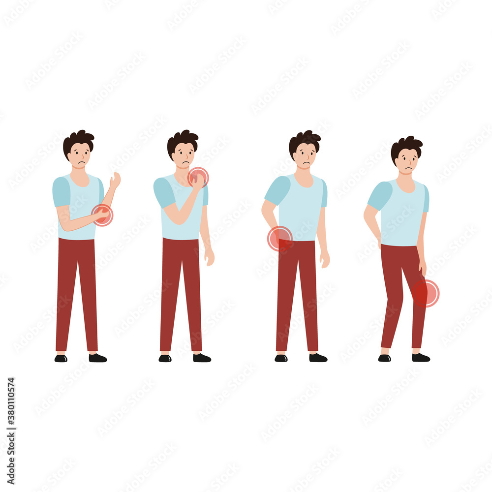 Set of vector illustrations. The man complains of pain in the joints, muscles and back. Drawing on the topic of medicine, diseases, chondrosis and spinal hernia. A patient at a doctor's appointment..